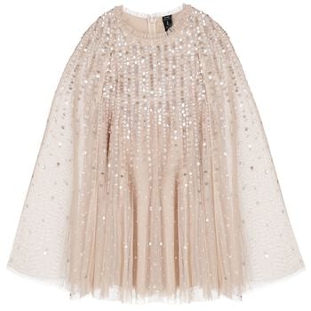 Girls Beige Sequinned Tulle Cape Dress