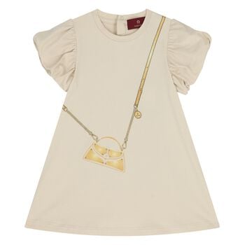 Younger Girls Beige Bag Logo Dress