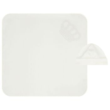 طقم بطانية و قبعة أولاد بشعار تاج باللون العاجي