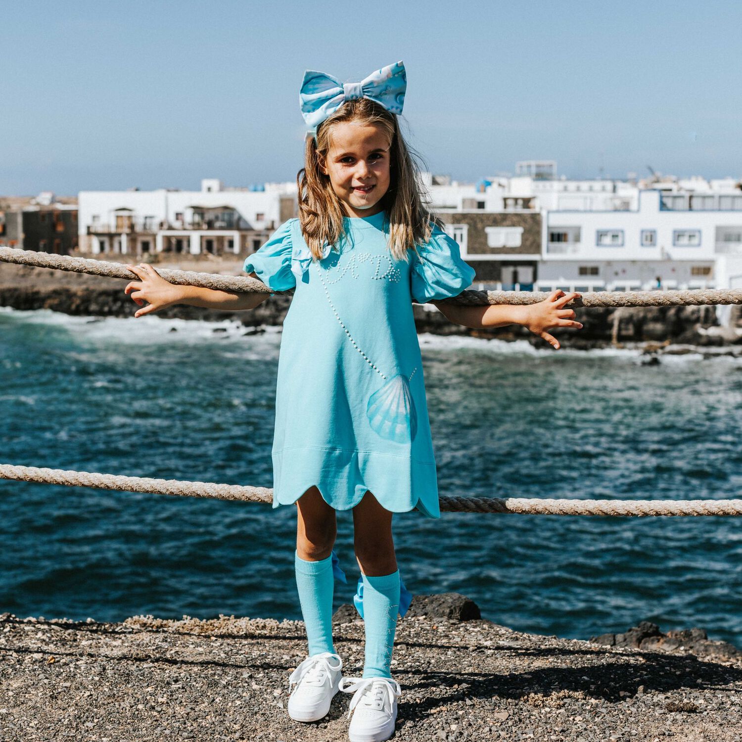 فستان بنات بطبعة الشنطة باللون الازرق, 1, hi-res