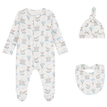 Baby Boys Blue & White Carousel & Hot Air Balloon Babygrow Set