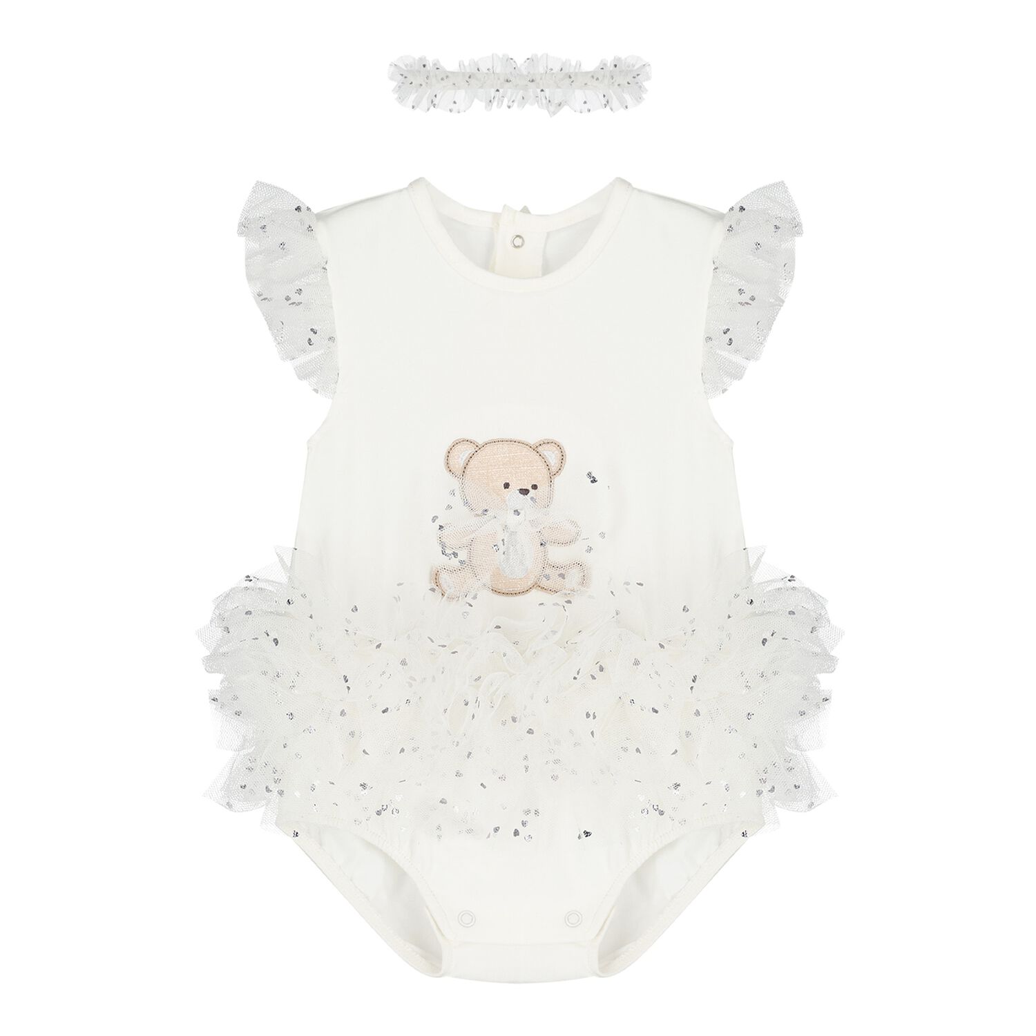 Baby Girls White Teddy Bear Bodysuit Dress Set, 1, hi-res
