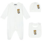 White Teddy Bear Logo Babygrow Set, 2, hi-res