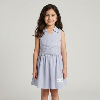 Girls White & Blue Striped Dress