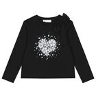 Girls Black Embellished Floral Long Sleeve Top, 2, hi-res