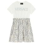 Girls White & Grey Logo Barocco Dress, 1, hi-res