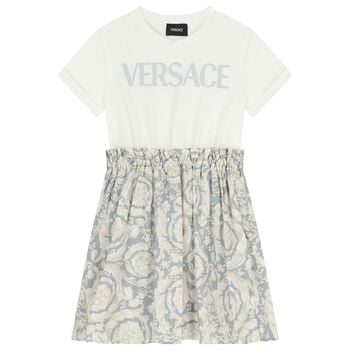 Girls White & Grey Logo Barocco Dress