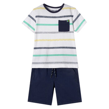 Boys White & Navy Striped Shorts Set