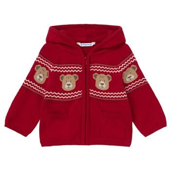 Younger Boys Red Teddy Bear Knitted Hooded Top