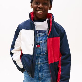 Boys Navy Blue, White & Red Logo Puffer Jacket