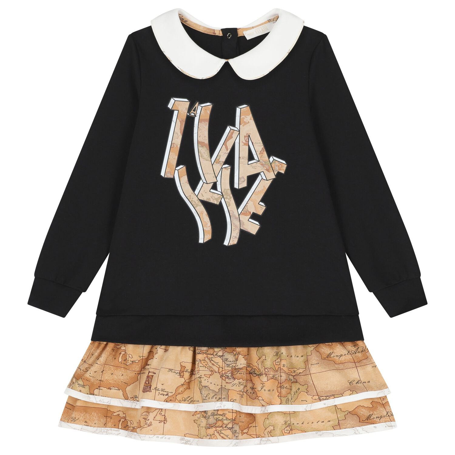 فستان بناتي بطبعة خريطة جغرافية باللونين الأسود والبيج, 2, hi-res