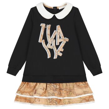 فستان بناتي بطبعة خريطة جغرافية باللونين الأسود والبيج