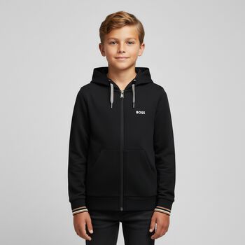 Boys Black Logo Hooded Zip Up Top