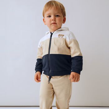 Younger Boys Beige, Grey & Navy Blue 3-Piece Tracksuit