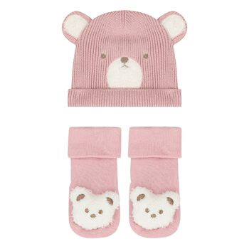 Mayoral Baby Girls Pink Bear Hat & Socks Set, 3 Baby Girls Pink Bear Hat & Socks Set