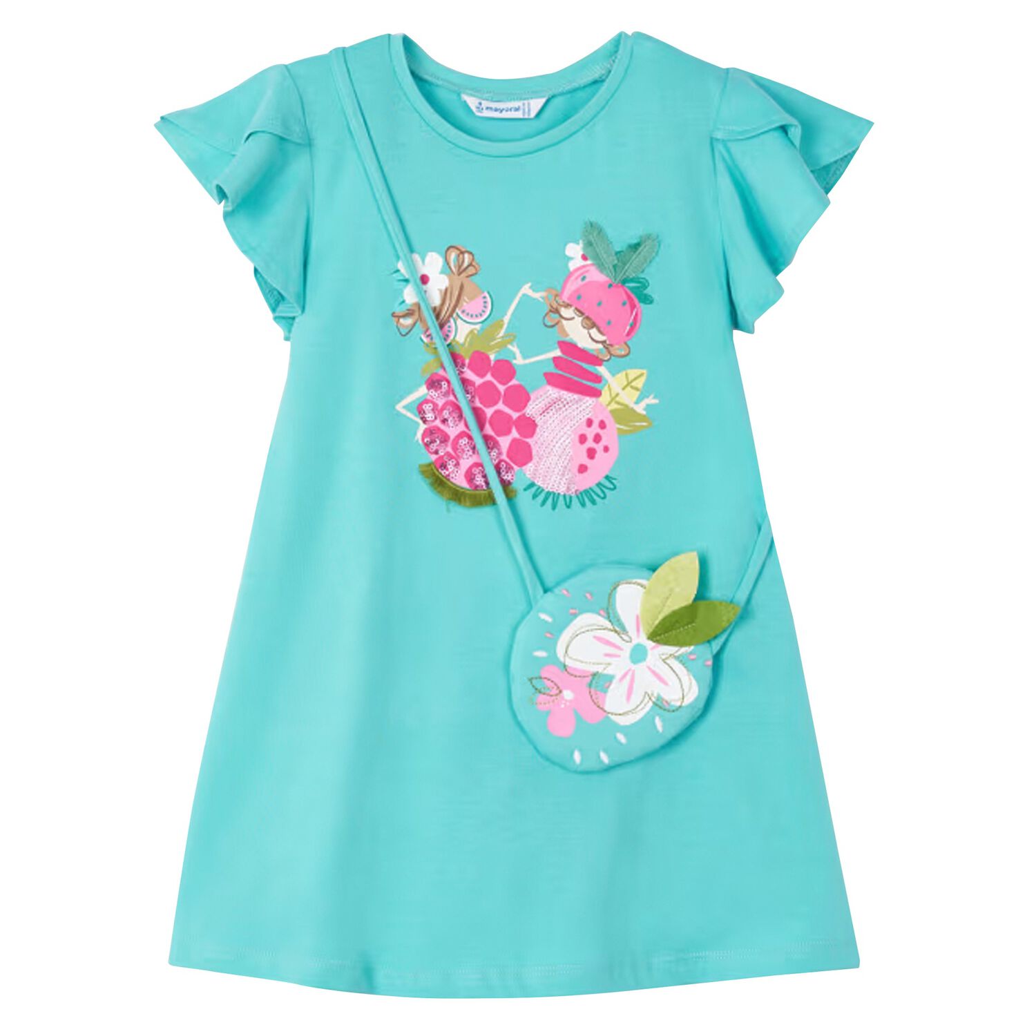 فستان بنات بطبعة باللون الأزرق الأكوا, 2, hi-res