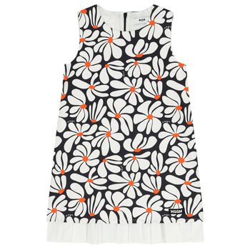 Girls White & Black Floral Canvas Dress