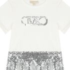Girls Ivory & Silver Sequin Logo Embellished Dress, 1, hi-res