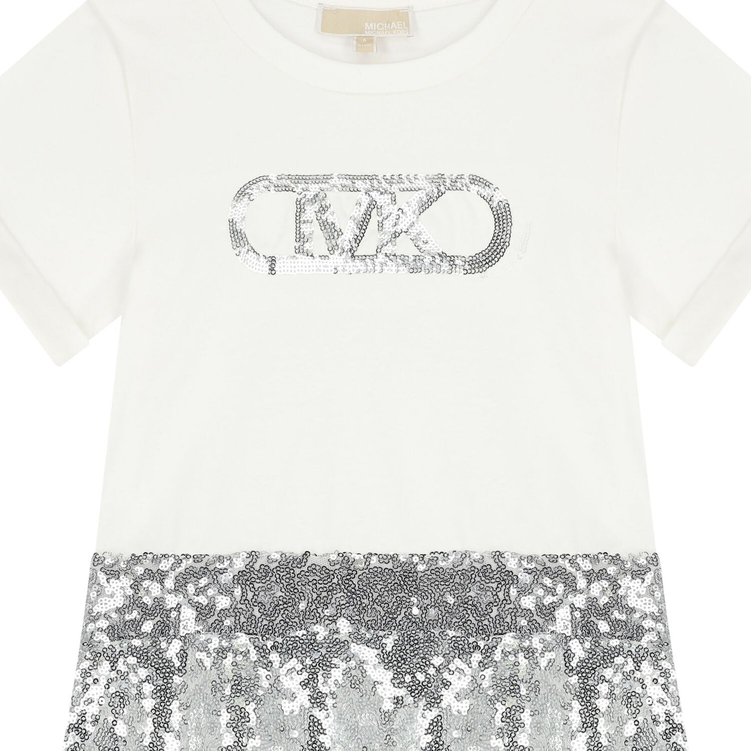 Girls Ivory & Silver Sequin Logo Embellished Dress, 1, hi-res image number null