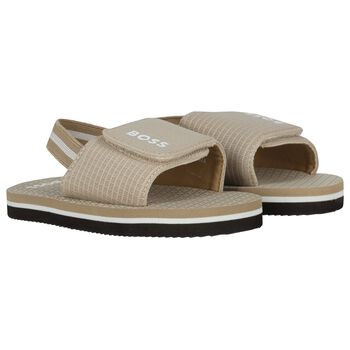 Boys Beige & Black Logo Sandals