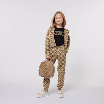 Girls Beige Logo Hooded Zip Up Top