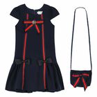 Girls Navy Blue Dress & Handbag, 1, hi-res