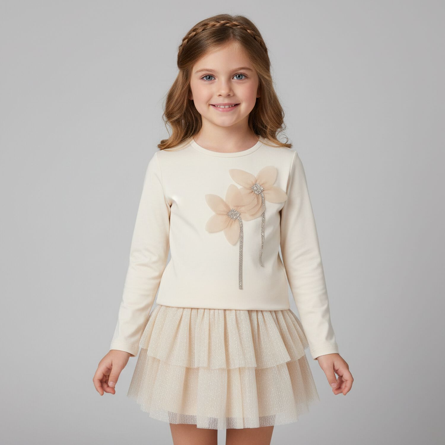 Girls Beige Flower Long Sleeve Top, 1, hi-res