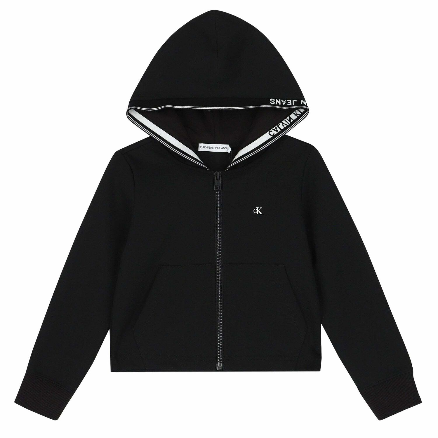 سترة هودي بسحاب بالشعار باللون الأسود للبنات, 1, hi-res