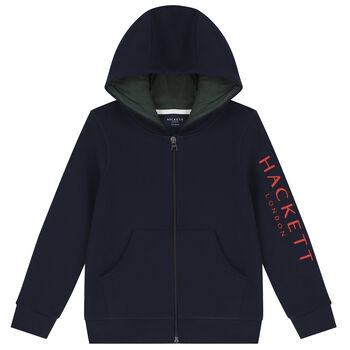 Boys Navy Blue Logo Hooded Zip Up Top