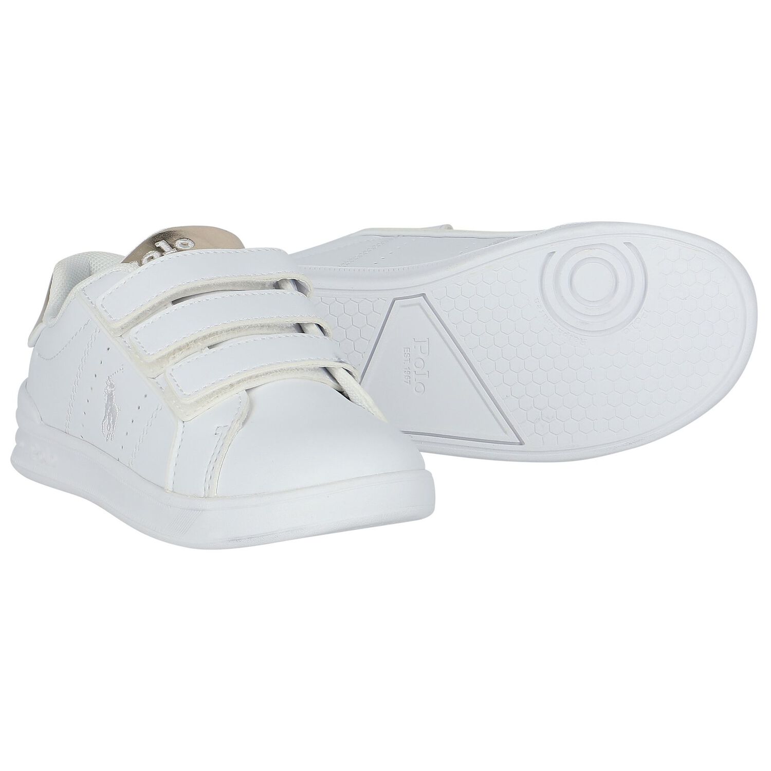 White & Gold Velcro Logo Trainers, 1, hi-res