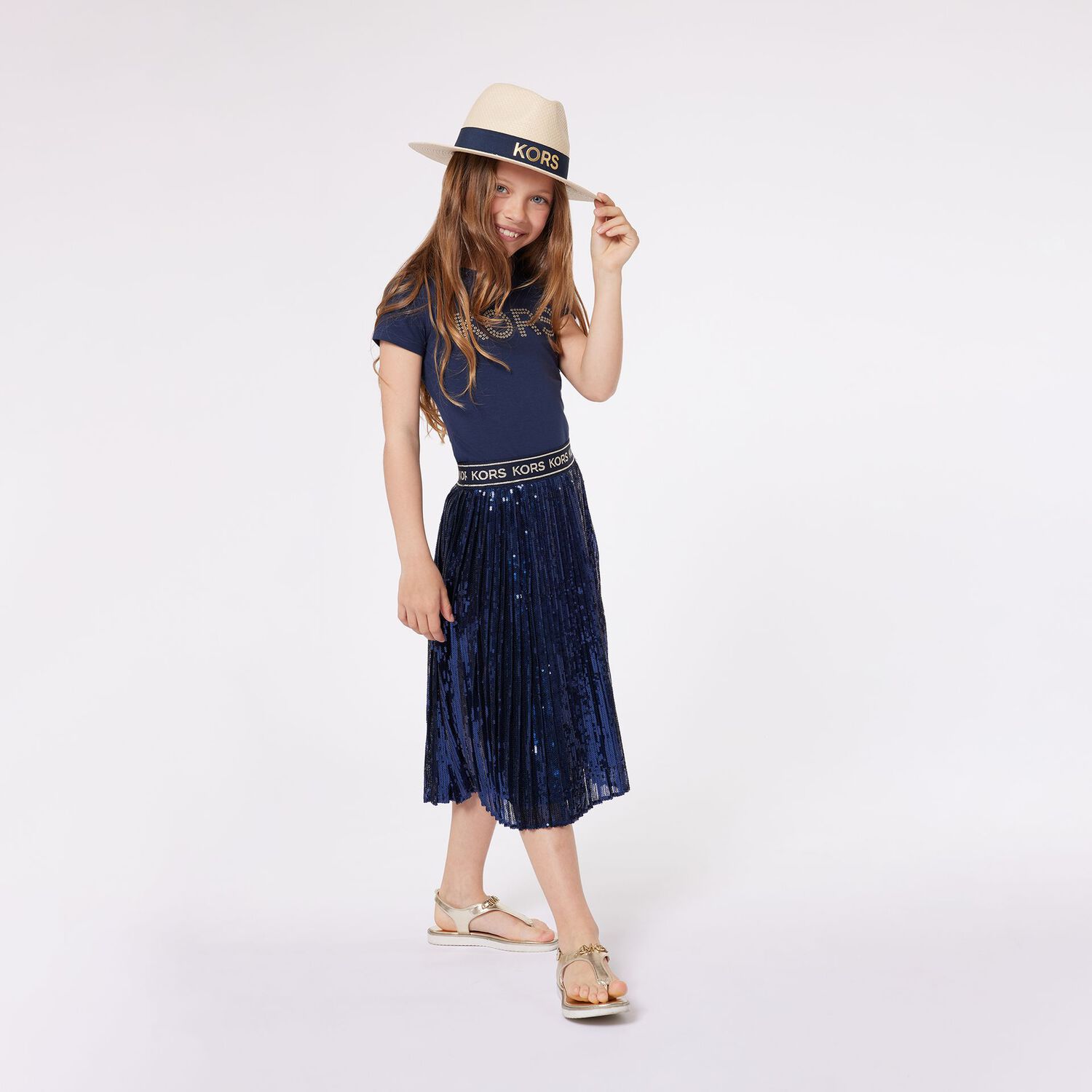 Girls Navy Blue Logo Sequin Skirt, 1, hi-res