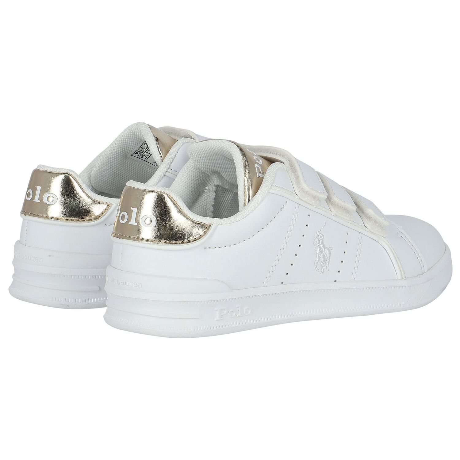 White & Gold Velcro Logo Trainers, 1, hi-res