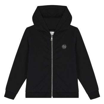 Boys Black Logo Hooded Zip Up Top