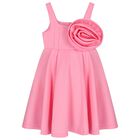 Girls Pink Satin Floral Applique Dress, 2, hi-res