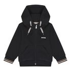 Younger Boys Black Logo Hooded Zip Up Top, 1, hi-res