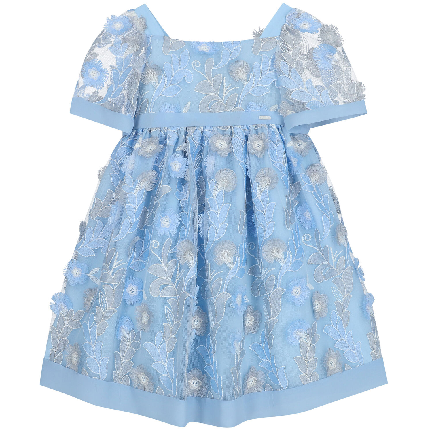 Girls Blue Embroidered Tulle Dress, 2, hi-res