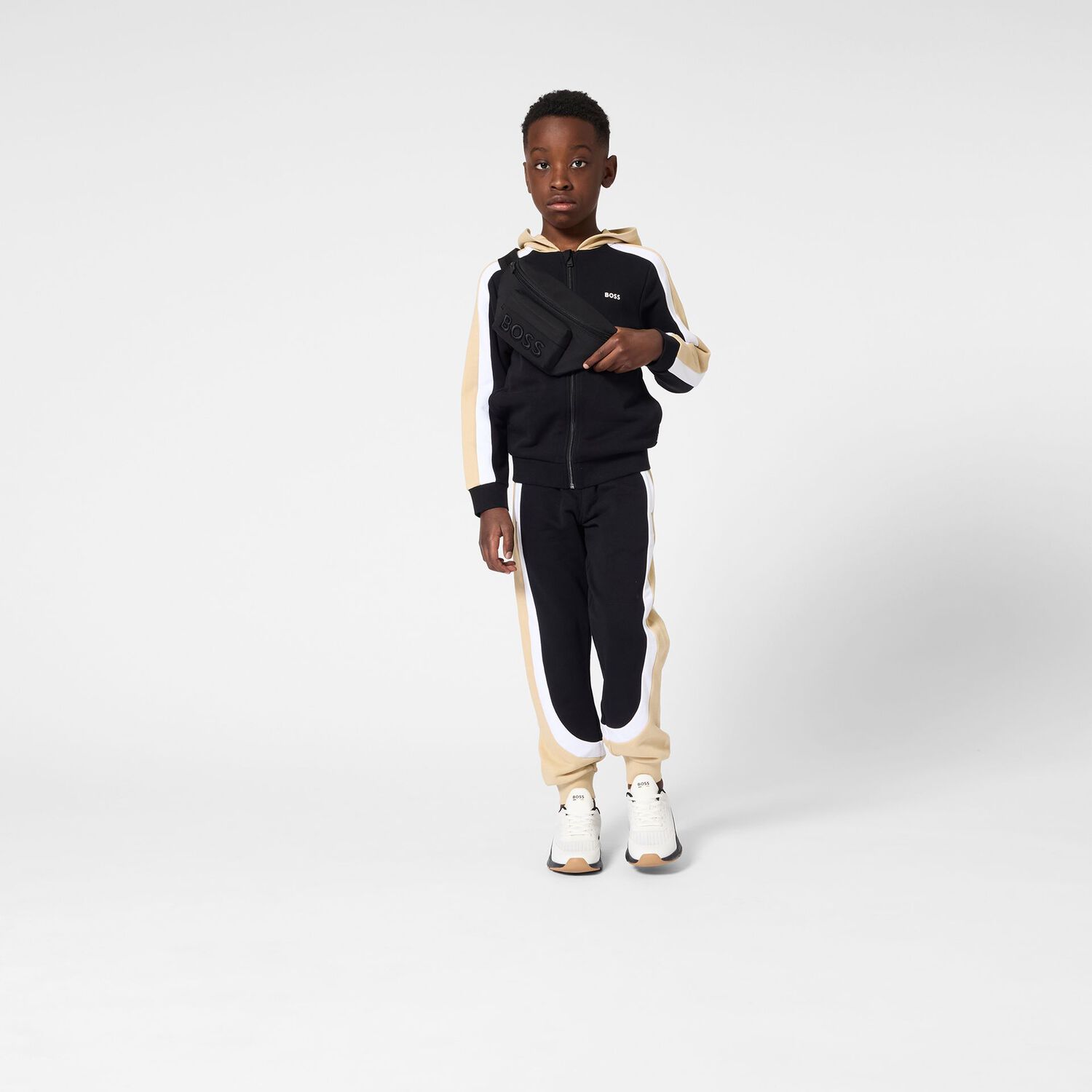 Boys Black & Beige Striped Joggers, 1, hi-res