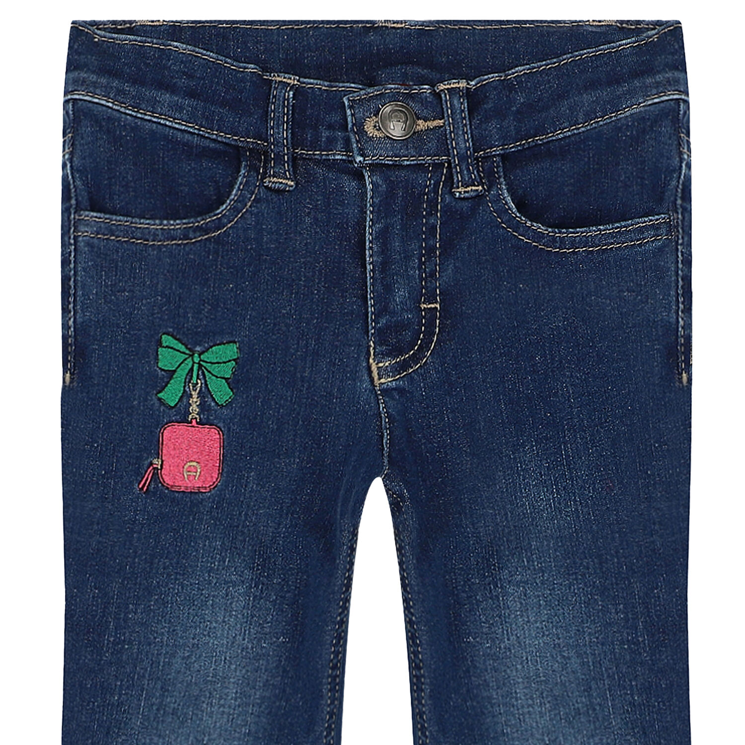 Girls Blue Denim Logo Trousers, 1, hi-res