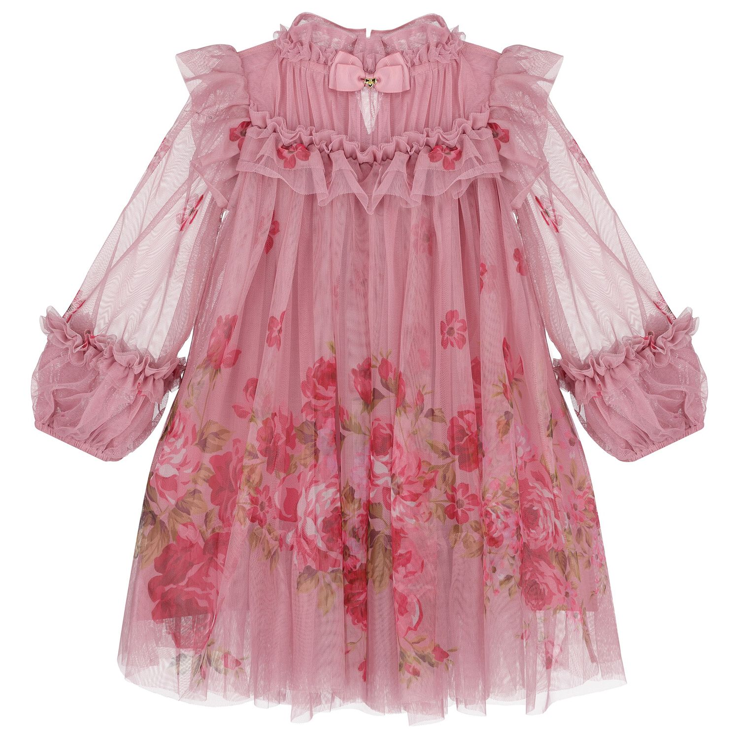 Girls Pink Floral Ruffled Tulle Dress, 2, hi-res