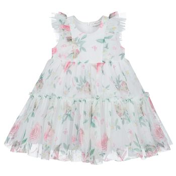 Younger Girls White Floral Tulle Dress