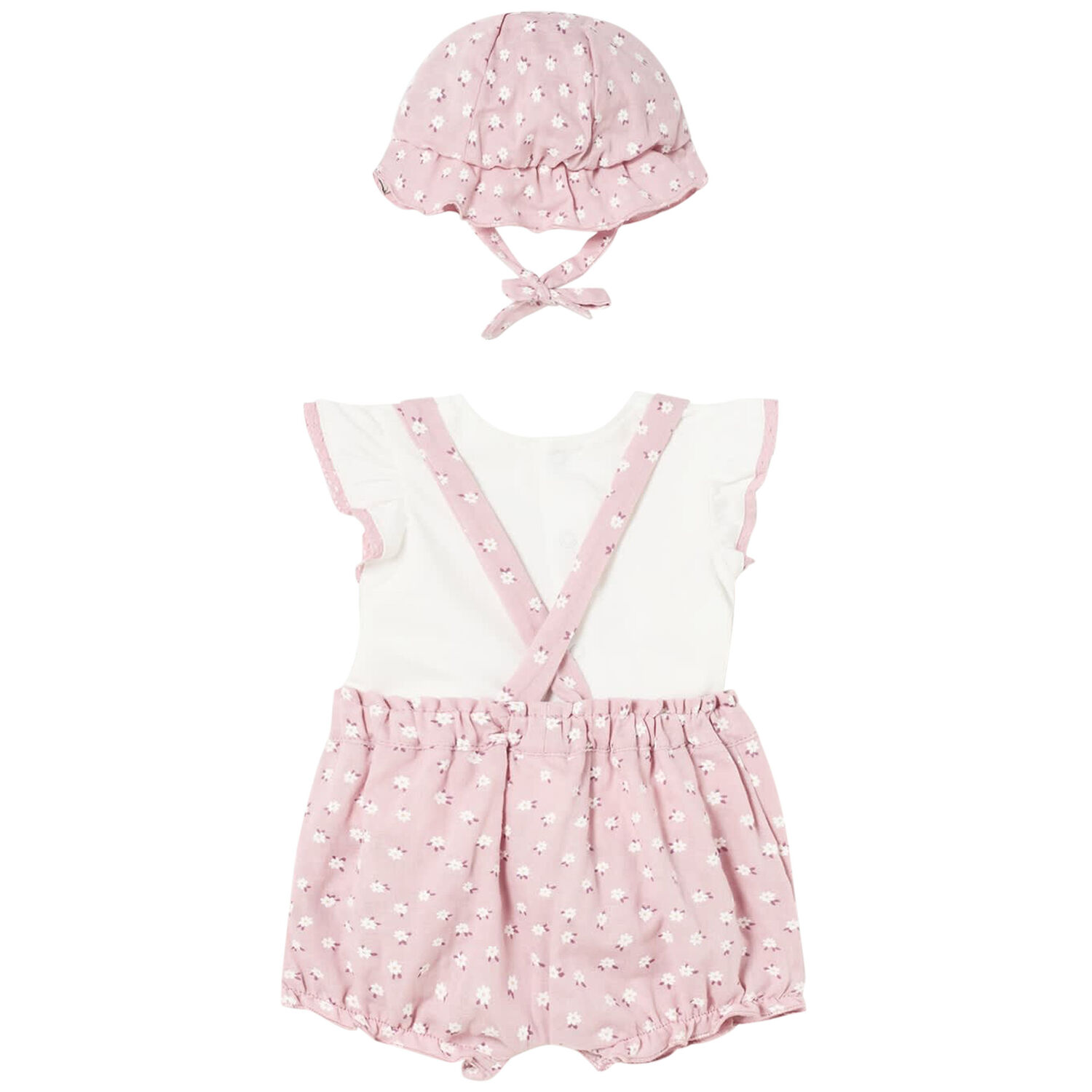 Baby Girls Pink Floral Dungaree & Hat Set (3 Piece), 1, hi-res