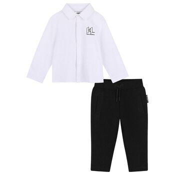 Younger Boys White & Black Logo Trousers Set