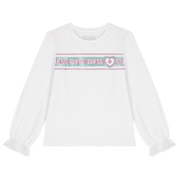 Girls White Logo Long Sleeve Top