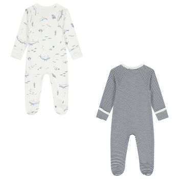 Baby Boys White & Navy Blue Babygrows ( 2 Pack )