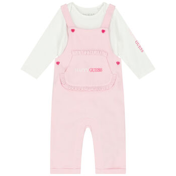 Baby Girls Pink & White Dungaree Set