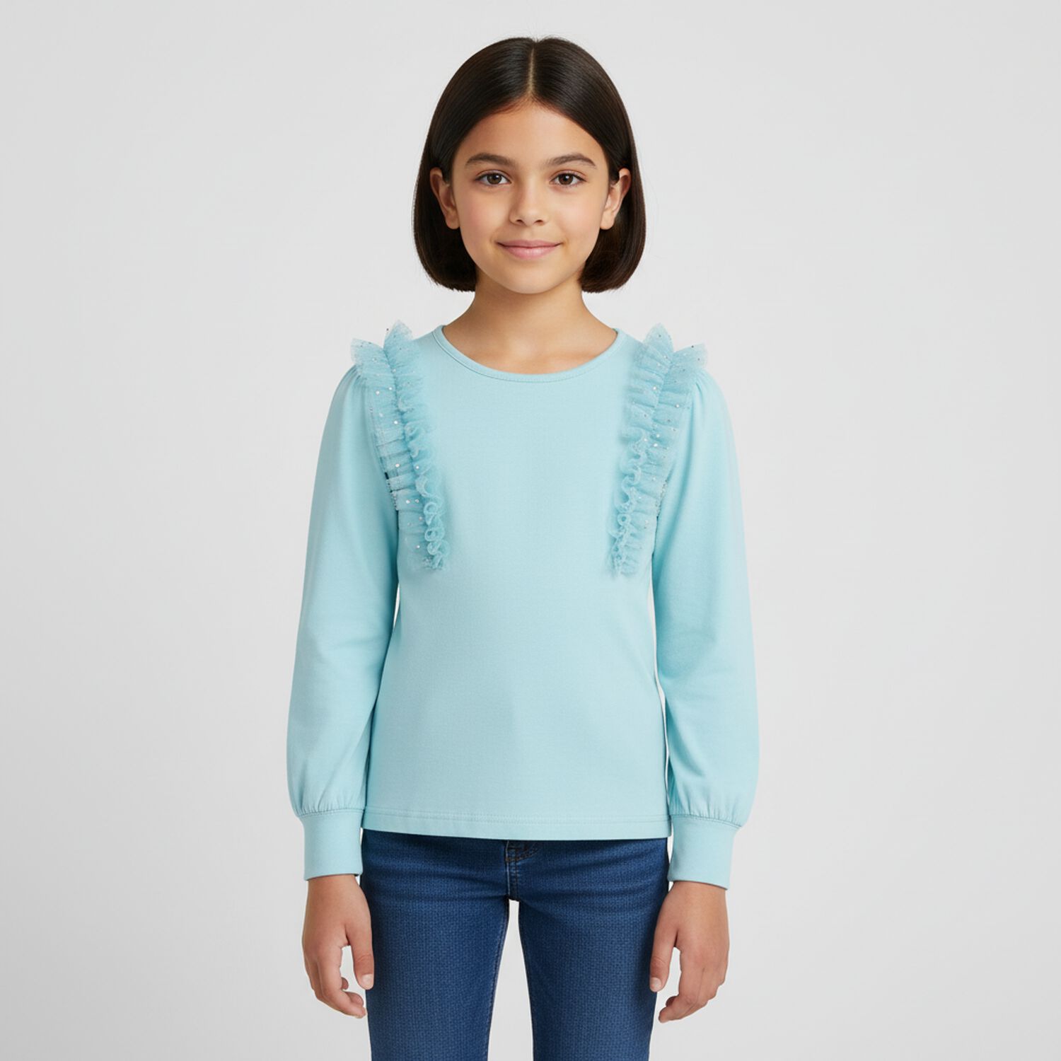 توب بنات بأكمام مكشكش بالشعار باللون الأزرق, 1, hi-res image number null