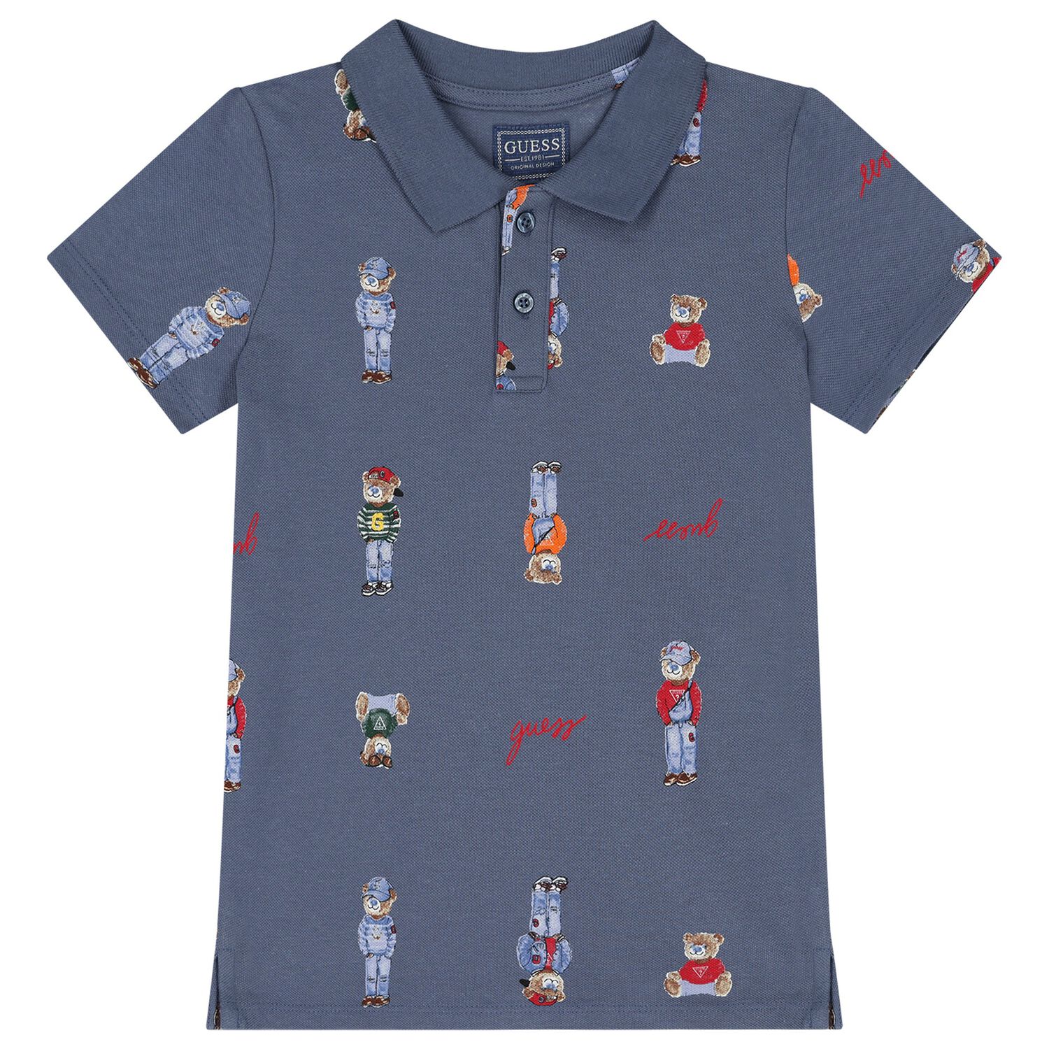 قميص اولاد بولو بطبعة الدب تيدي باللون الأزرق , 2, hi-res