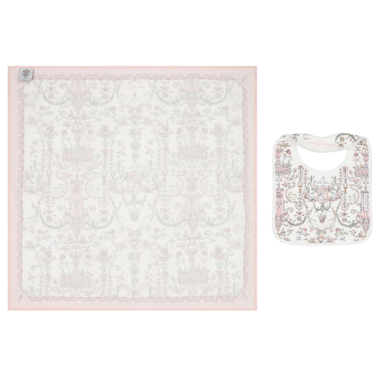 Baby Girls White & Pink Toile de Jouy Carré Swaddle & Bib Gift Set, 1, hi-res