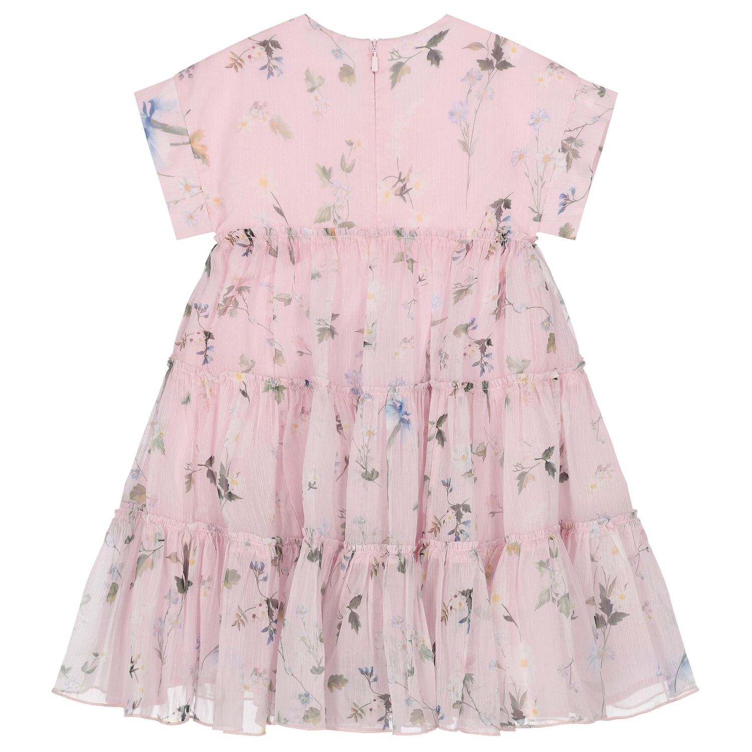 Girls Pink Floral Chiffon Tiered Dress, 1, hi-res