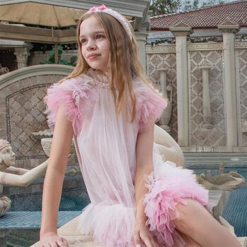 فستان تول باللون الوردي مزين للبنات